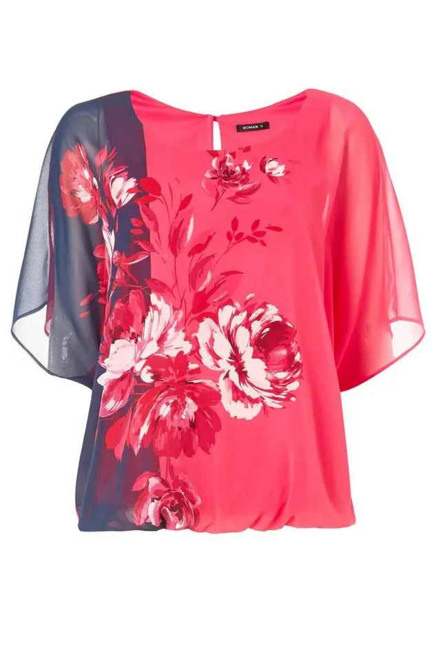 Fuchsia Floral Contrast Print Bubblehem Chiffon Top Women Roman Tops