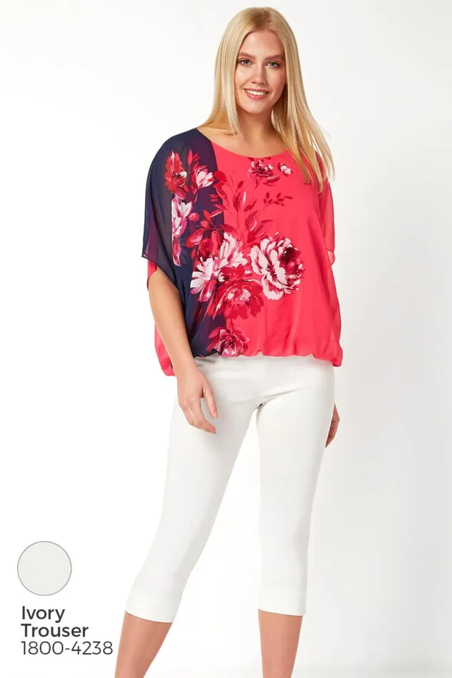 Fuchsia Floral Contrast Print Bubblehem Chiffon Top Women Roman Tops