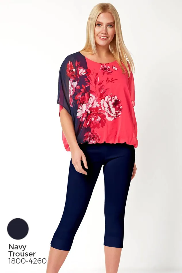Fuchsia Floral Contrast Print Bubblehem Chiffon Top Women Roman Tops