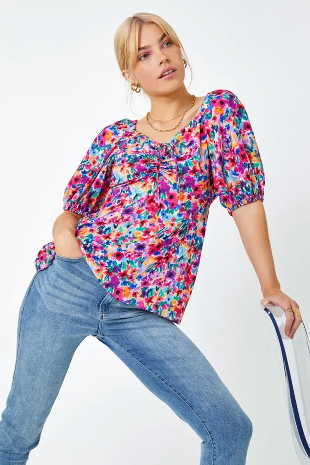 Fuchsia Floral Print Ruched Tie Detail Top Women Roman Tops