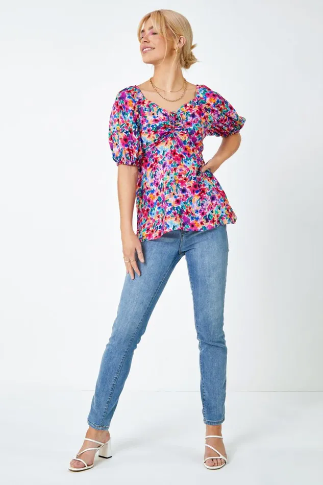 Fuchsia Floral Print Ruched Tie Detail Top Women Roman Tops