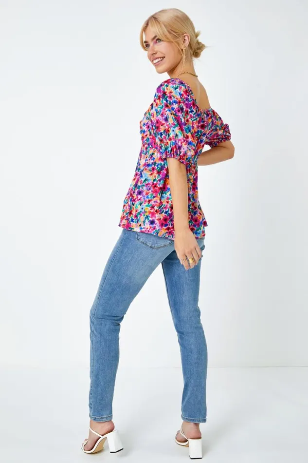 Fuchsia Floral Print Ruched Tie Detail Top Women Roman Tops