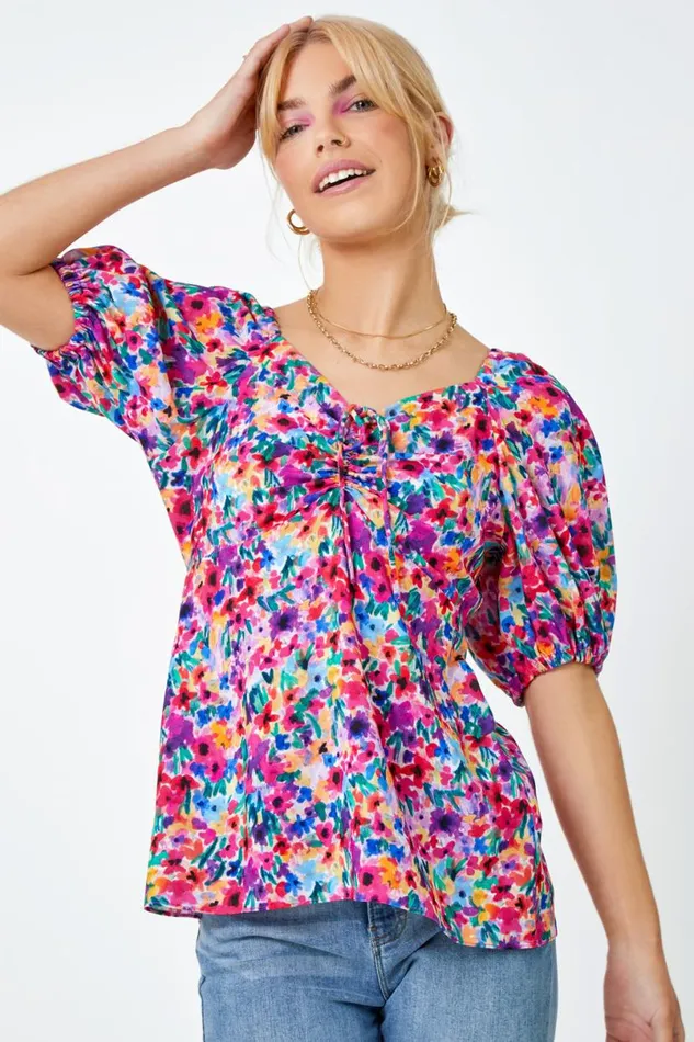 Fuchsia Floral Print Ruched Tie Detail Top Women Roman Tops