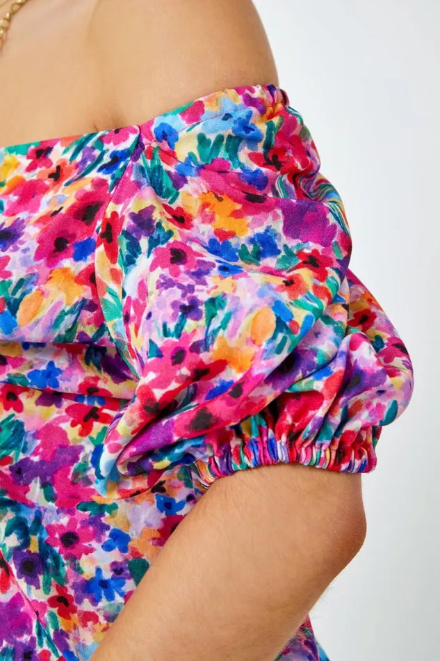 Fuchsia Floral Print Ruched Tie Detail Top Women Roman Tops