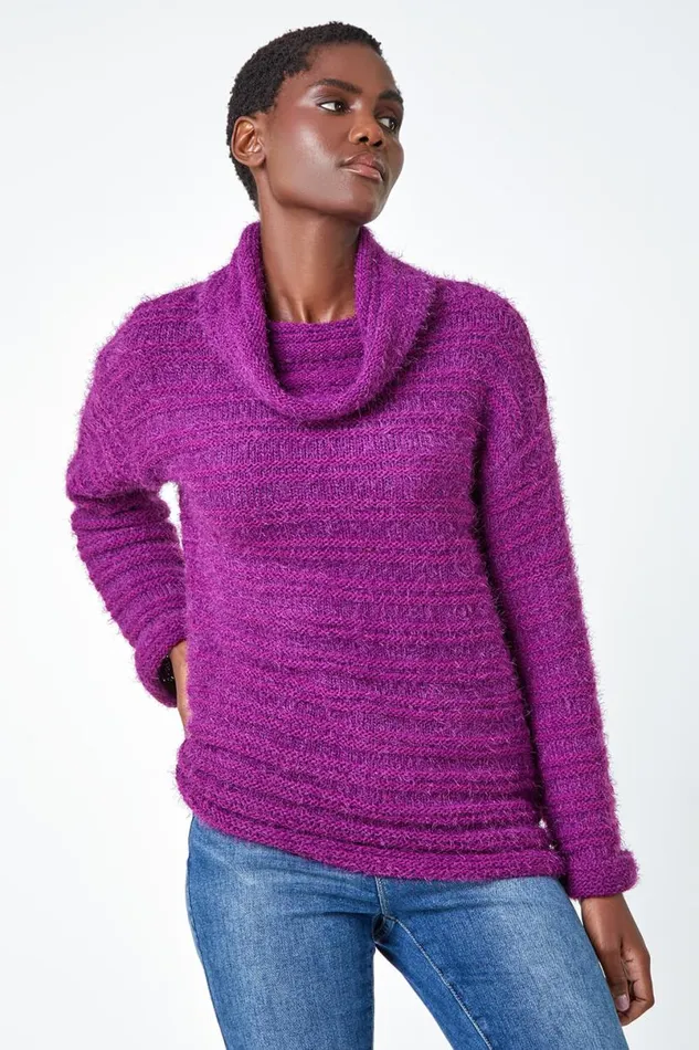 Fuchsia Fluffy Roll Neck Jumper Women Roman Knitwear