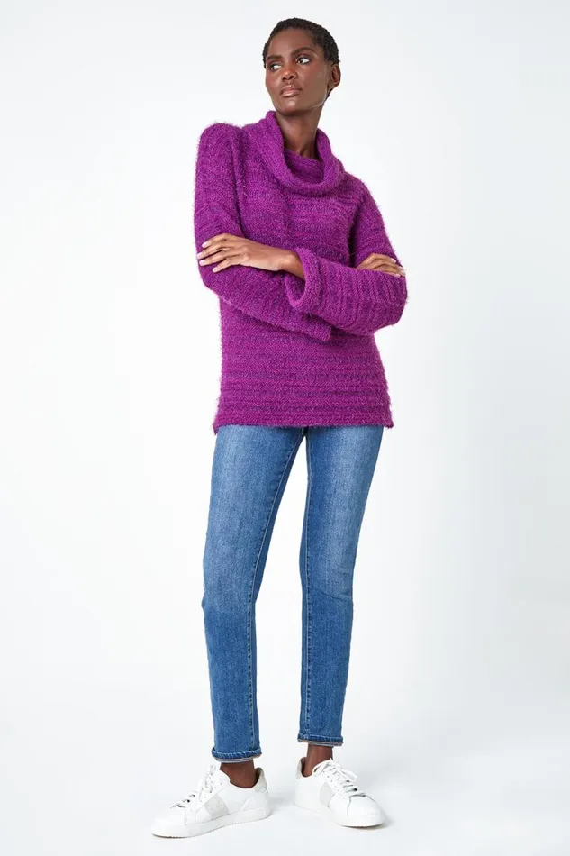 Fuchsia Fluffy Roll Neck Jumper Women Roman Knitwear