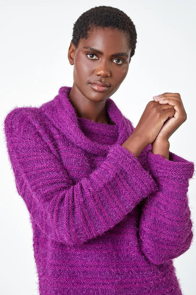 Fuchsia Fluffy Roll Neck Jumper Women Roman Knitwear