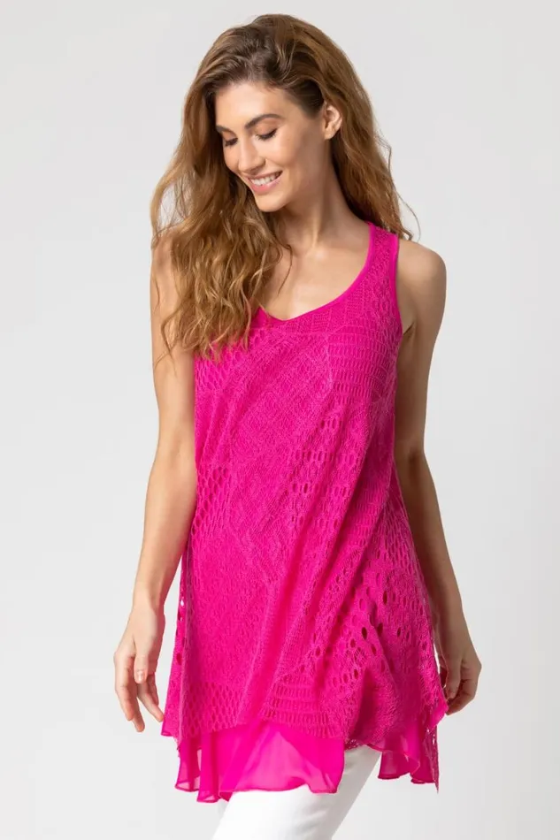 Fuchsia Stretch Lace Hanky Hem Vest Top Women Roman Tops
