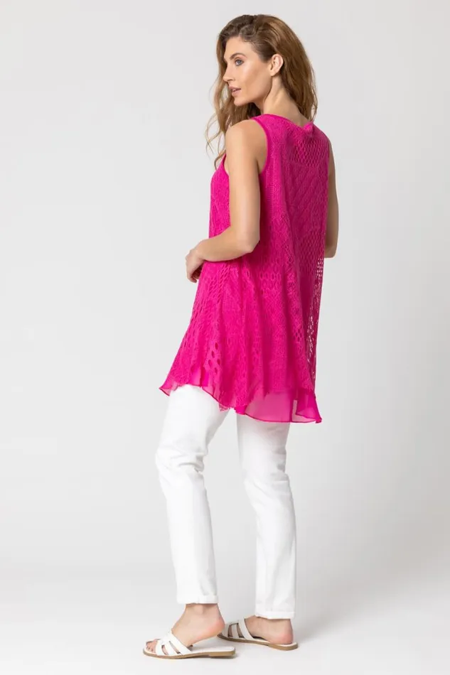 Fuchsia Stretch Lace Hanky Hem Vest Top Women Roman Tops