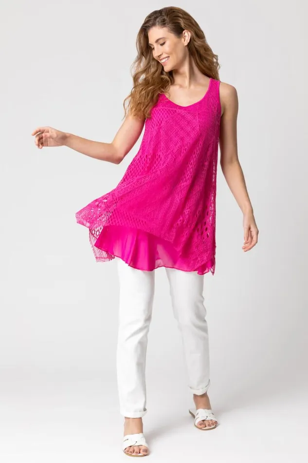 Fuchsia Stretch Lace Hanky Hem Vest Top Women Roman Tops