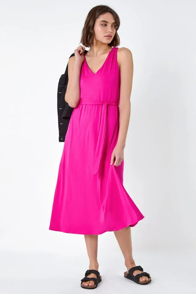 Fuchsia Tie Detail Stretch Midi Dress Women Roman Dresses