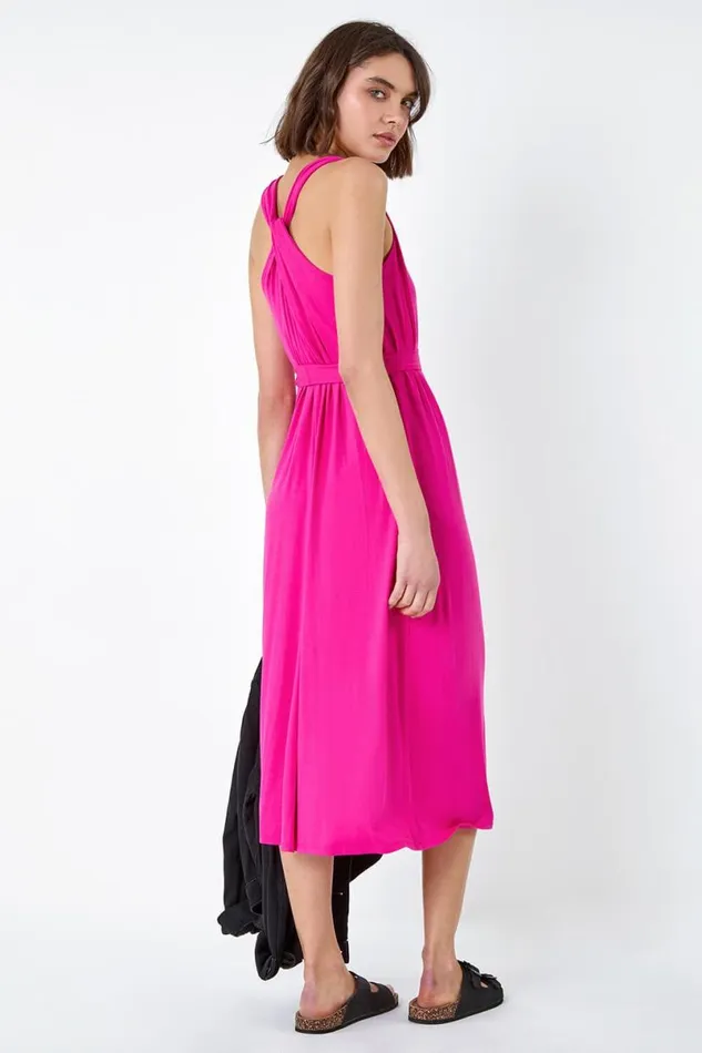 Fuchsia Tie Detail Stretch Midi Dress Women Roman Dresses