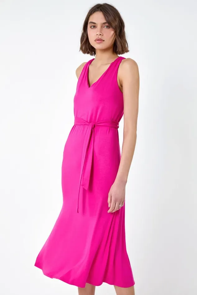 Fuchsia Tie Detail Stretch Midi Dress Women Roman Dresses