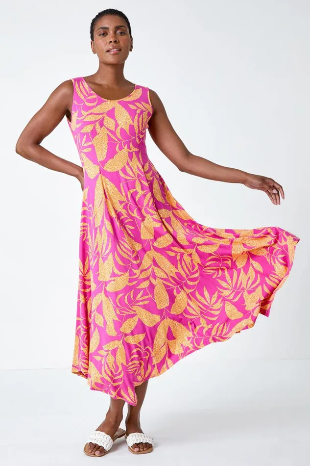 Fuchsia Tropical Print Pleated Maxi Stretch Dress Women Roman Dresses