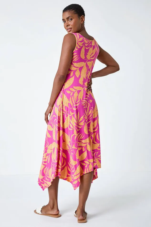 Fuchsia Tropical Print Pleated Maxi Stretch Dress Women Roman Dresses