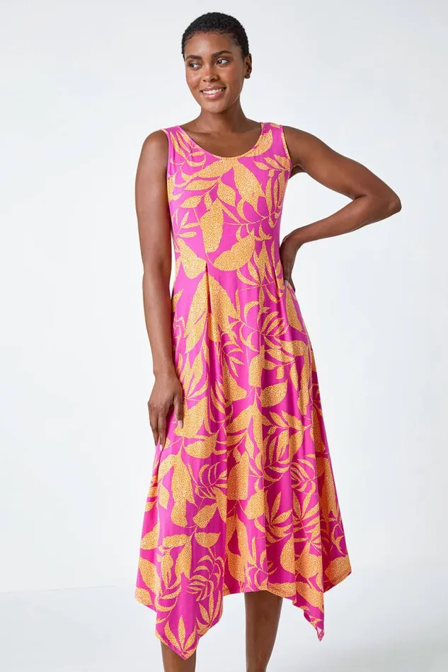 Fuchsia Tropical Print Pleated Maxi Stretch Dress Women Roman Dresses