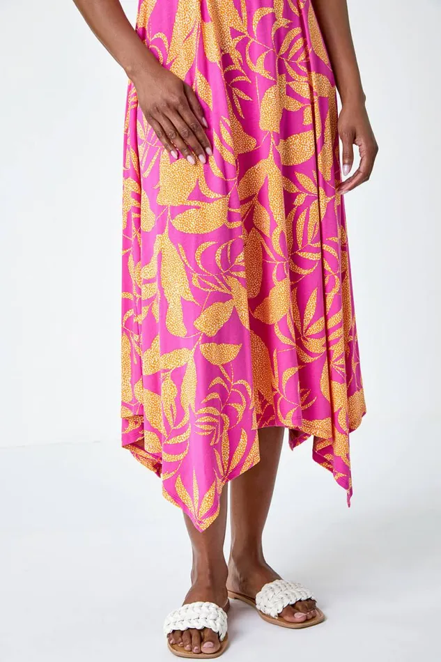 Fuchsia Tropical Print Pleated Maxi Stretch Dress Women Roman Dresses