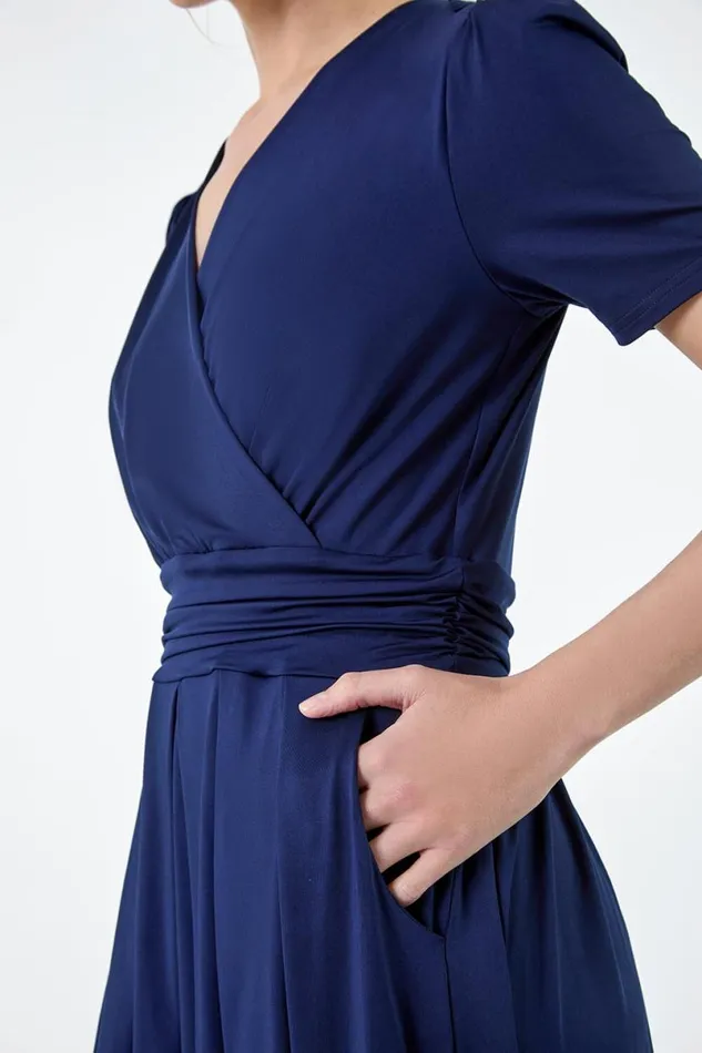 Gathered Wrap Stretch Midi Dress Women Roman Dresses