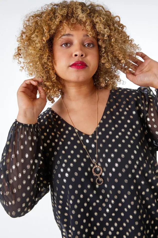 Gold Curve Metallic Spot Chiffon Necklace Tunic Top Women Roman Tops