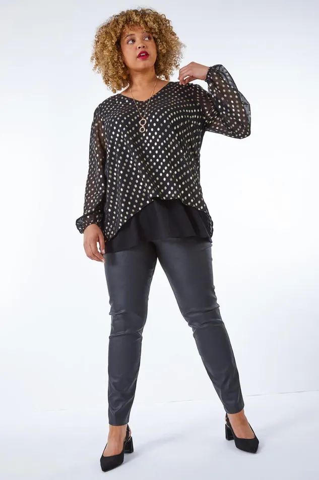 Gold Curve Metallic Spot Chiffon Necklace Tunic Top Women Roman Tops