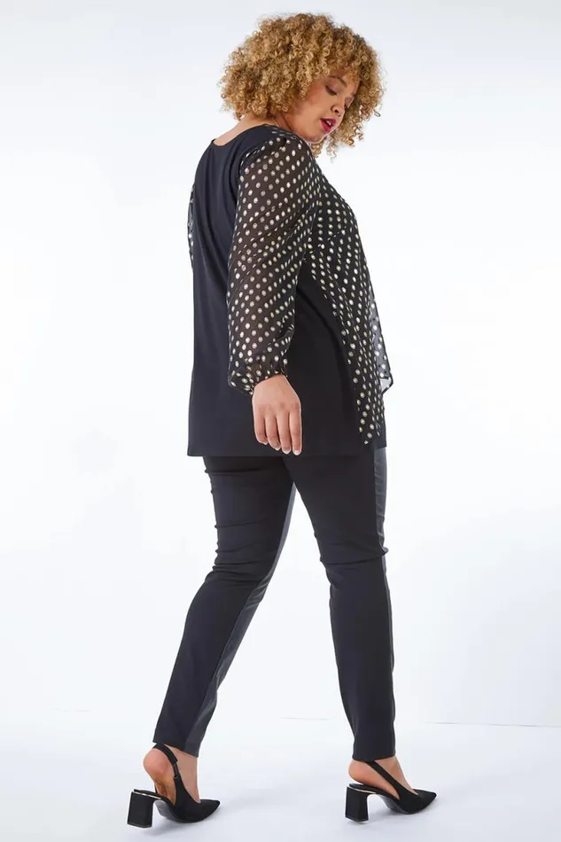 Gold Curve Metallic Spot Chiffon Necklace Tunic Top Women Roman Tops