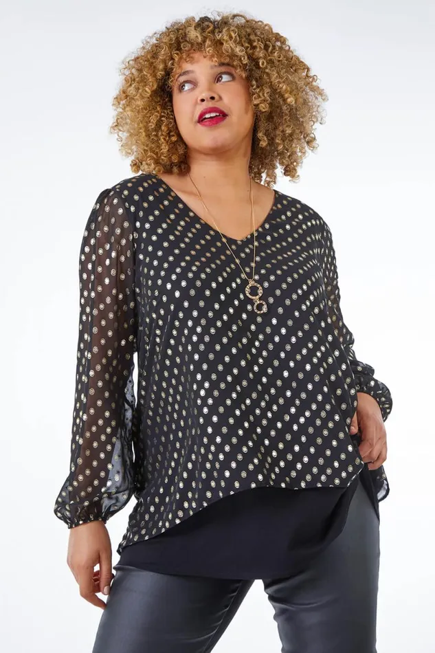Gold Curve Metallic Spot Chiffon Necklace Tunic Top Women Roman Tops