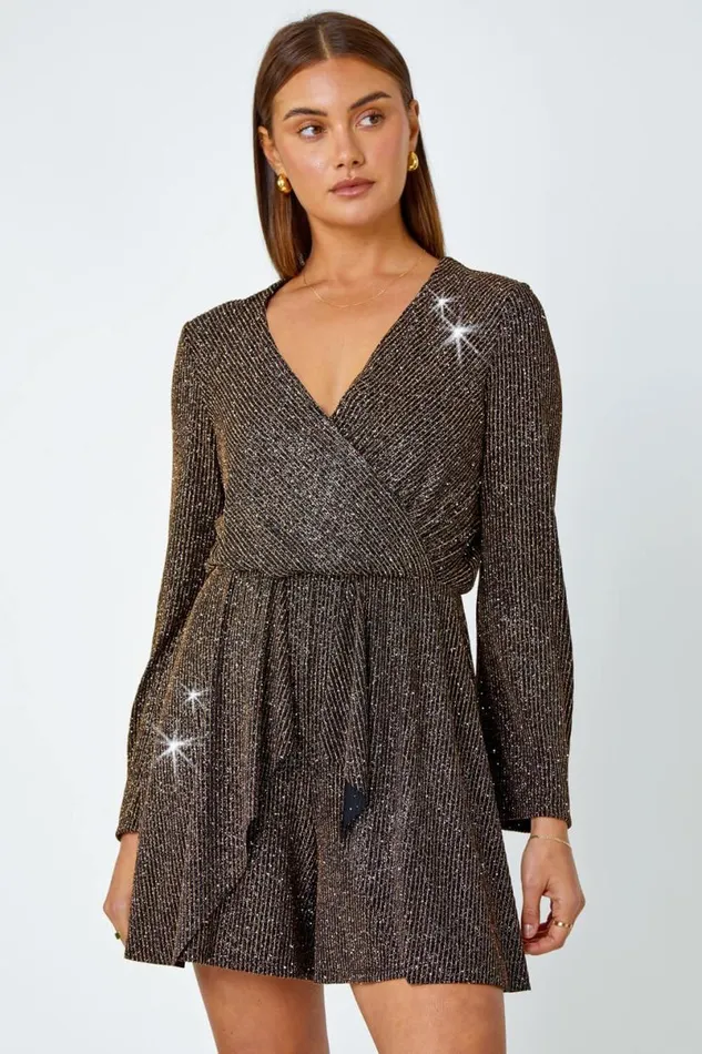 Gold Shimmer Stripe Wrap Stretch Playsuit Women Roman Jumpsuits and Playsuits