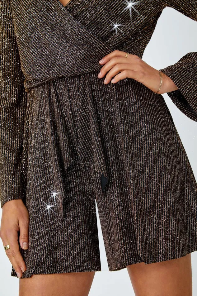 Gold Shimmer Stripe Wrap Stretch Playsuit Women Roman Jumpsuits and Playsuits