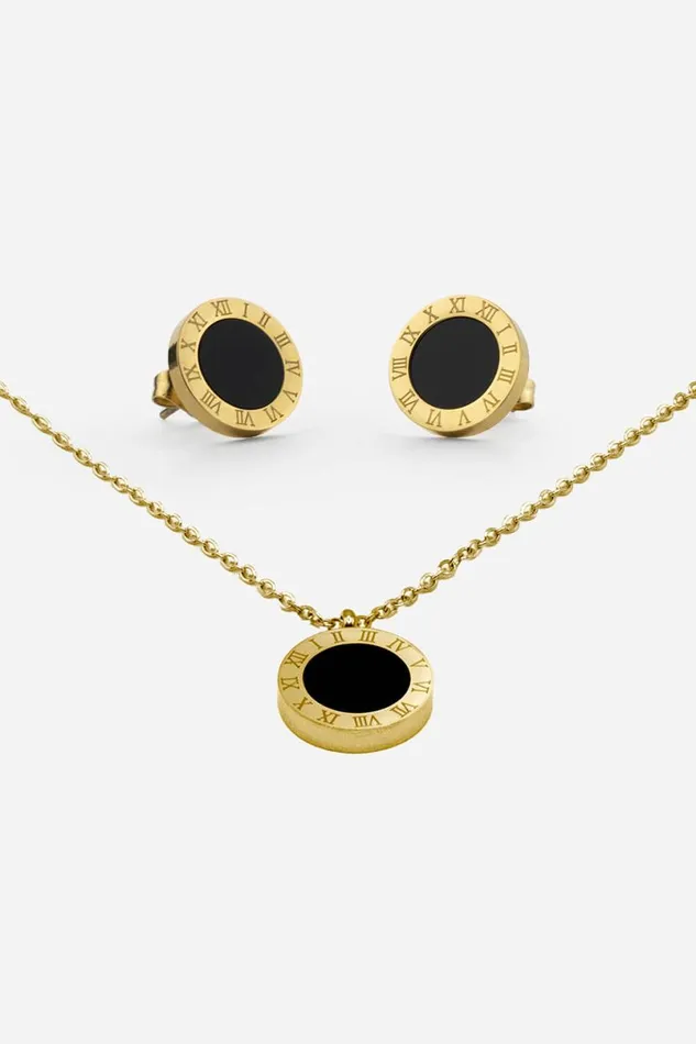 Gold Stainless Steel Clock Pendant And Earring Set Women Roman Jewellery