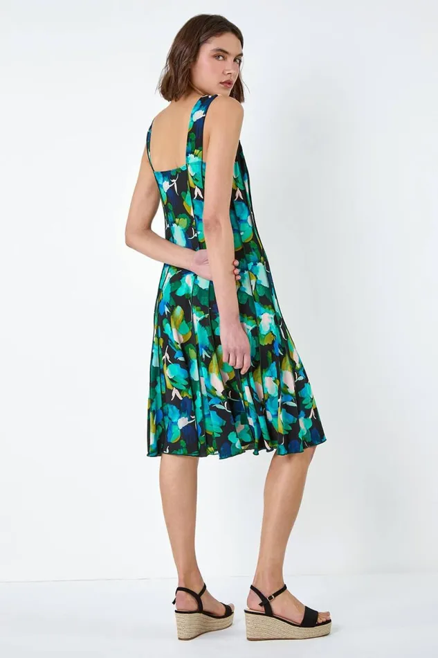 Green Abstract Floral Print Stretch Panel Dress Women Roman Dresses