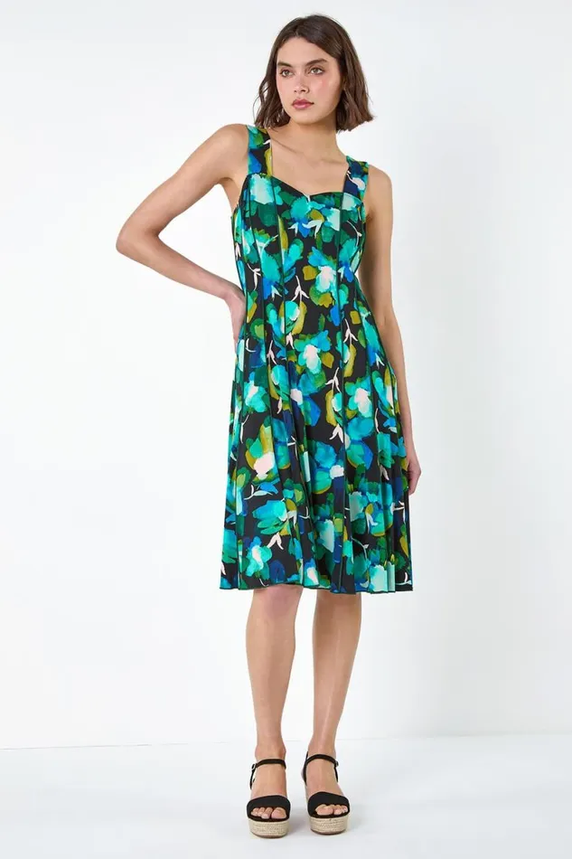 Green Abstract Floral Print Stretch Panel Dress Women Roman Dresses