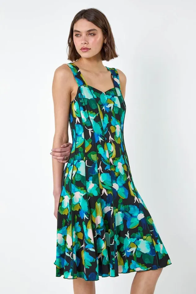 Green Abstract Floral Print Stretch Panel Dress Women Roman Dresses