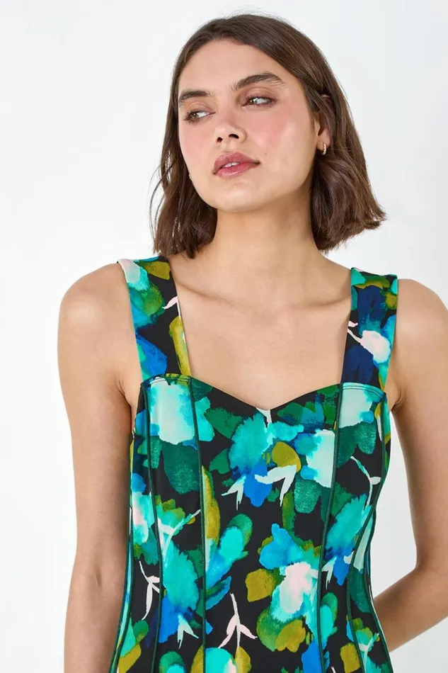 Green Abstract Floral Print Stretch Panel Dress Women Roman Dresses