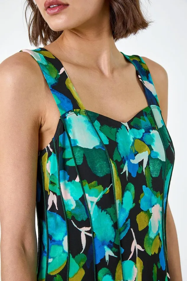 Green Abstract Floral Print Stretch Panel Dress Women Roman Dresses
