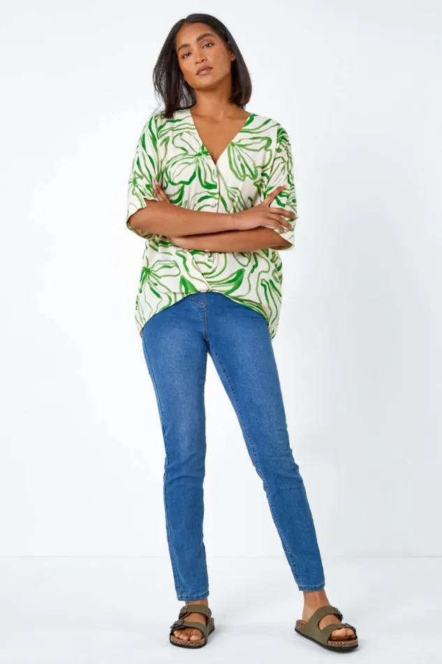 Green Abstract Floral Print VNeck Button Twist Top Women Roman Tops