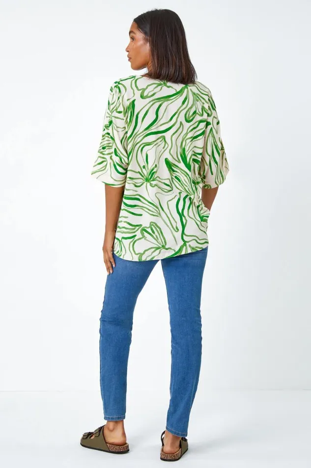 Green Abstract Floral Print VNeck Button Twist Top Women Roman Tops