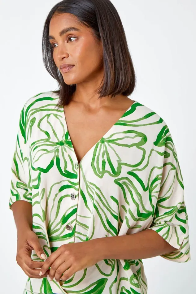 Green Abstract Floral Print VNeck Button Twist Top Women Roman Tops
