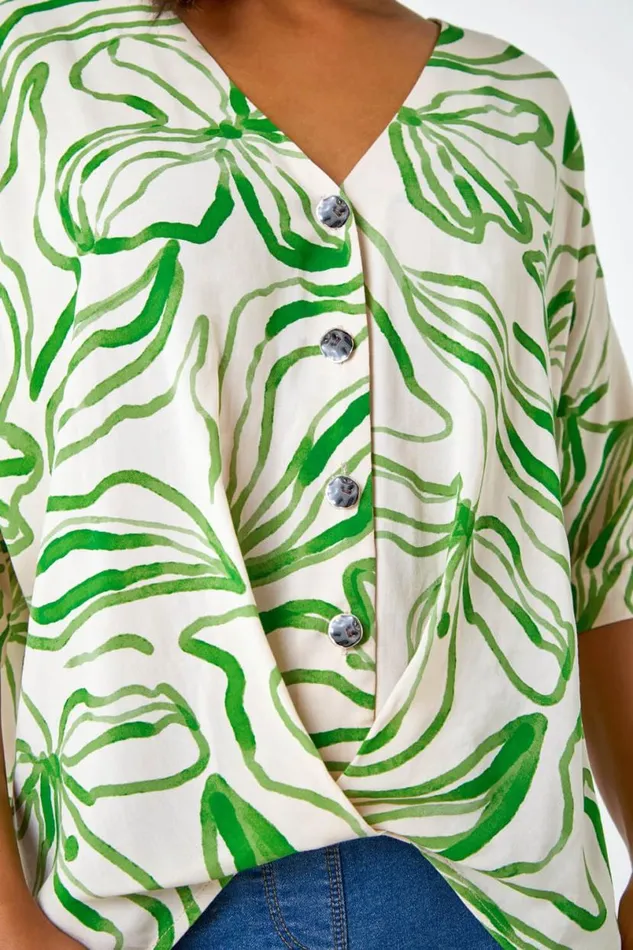 Green Abstract Floral Print VNeck Button Twist Top Women Roman Tops