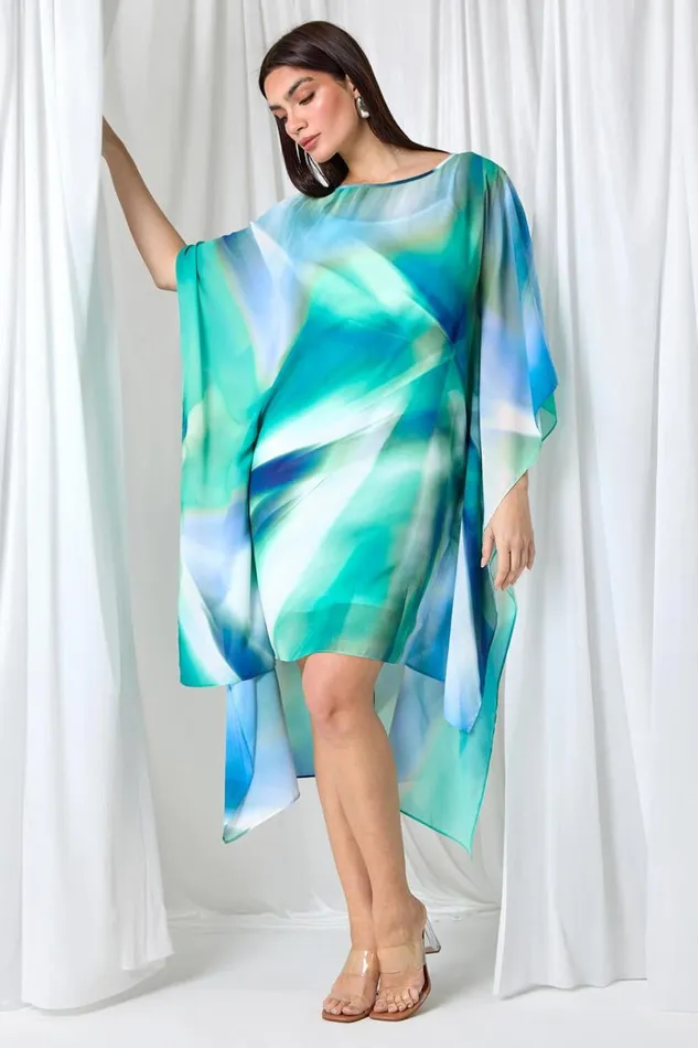 Green Abstract Print Chiffon Draped Tunic Dress Women Roman Dresses