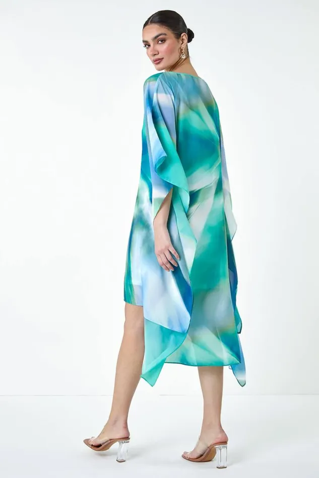 Green Abstract Print Chiffon Draped Tunic Dress Women Roman Dresses