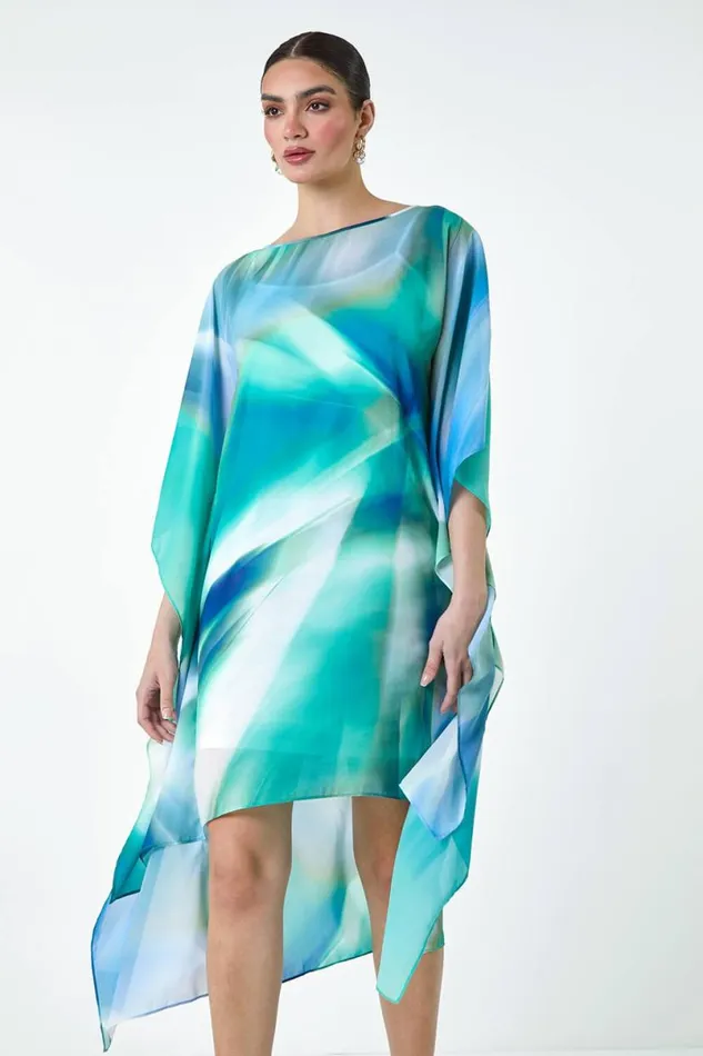 Green Abstract Print Chiffon Draped Tunic Dress Women Roman Dresses