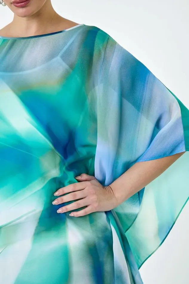 Green Abstract Print Chiffon Draped Tunic Dress Women Roman Dresses