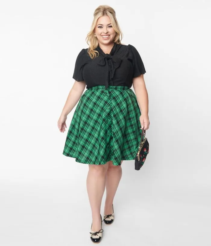 Green and Black Plaid Swing Skirt ClothingPlus Unique Vintage Skirts