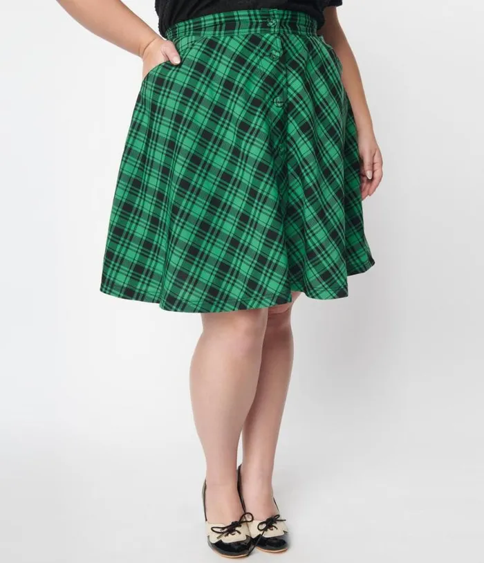 Green and Black Plaid Swing Skirt ClothingPlus Unique Vintage Skirts