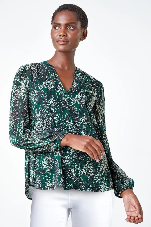 Green Animal Print Button Front VNeck Blouse Women Roman Tops