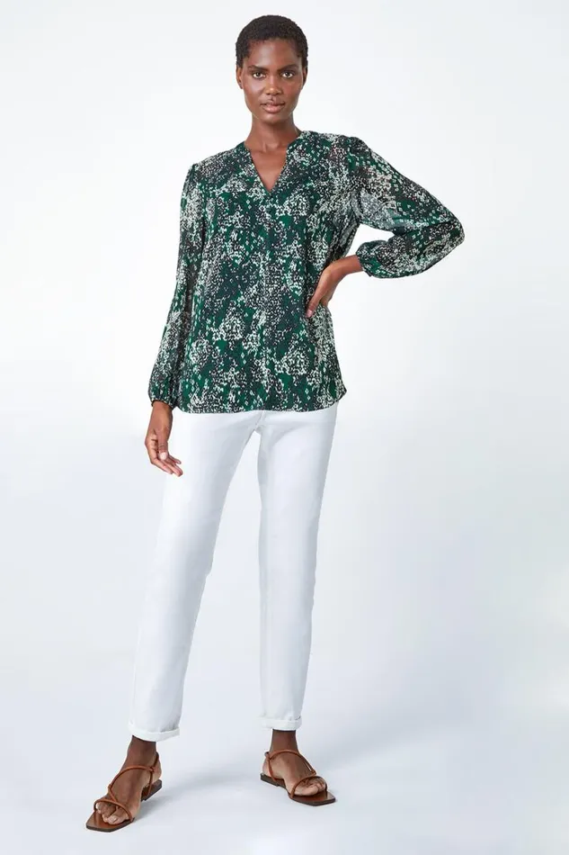 Green Animal Print Button Front VNeck Blouse Women Roman Tops