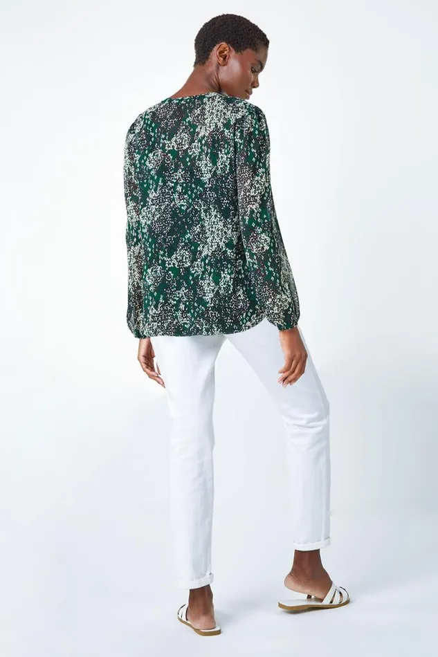 Green Animal Print Button Front VNeck Blouse Women Roman Tops