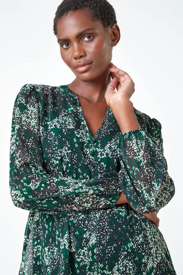 Green Animal Print Button Front VNeck Blouse Women Roman Tops