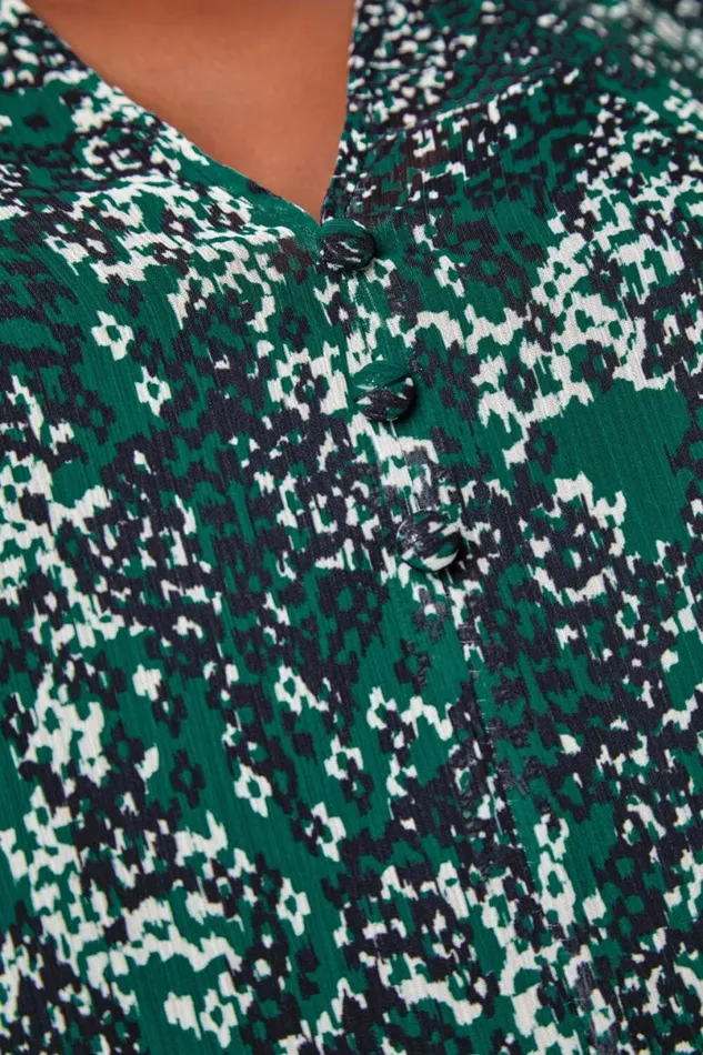 Green Animal Print Button Front VNeck Blouse Women Roman Tops