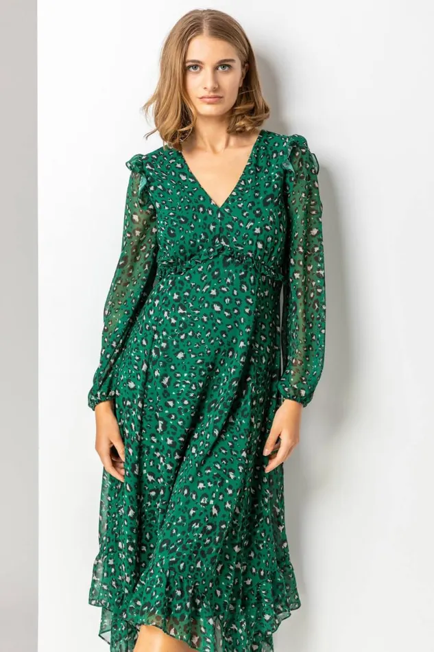Green Animal Print Chiffon Midi Dress Women Roman Dresses